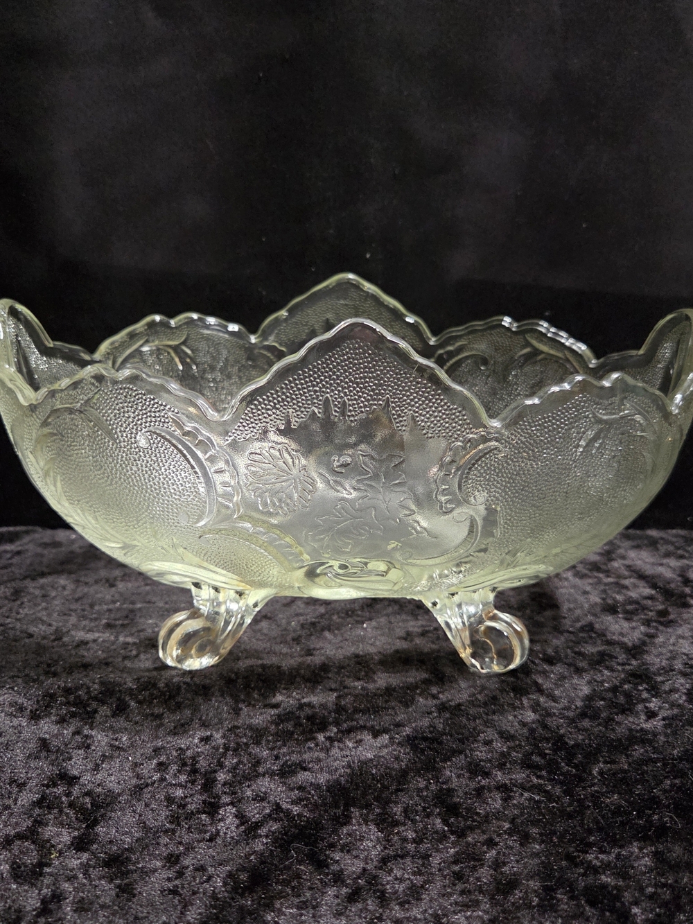 Vintage Jeanette Glass Scroll Footed Fruit Bowl- Oval Jade Edges 11" x 7" x 5.5